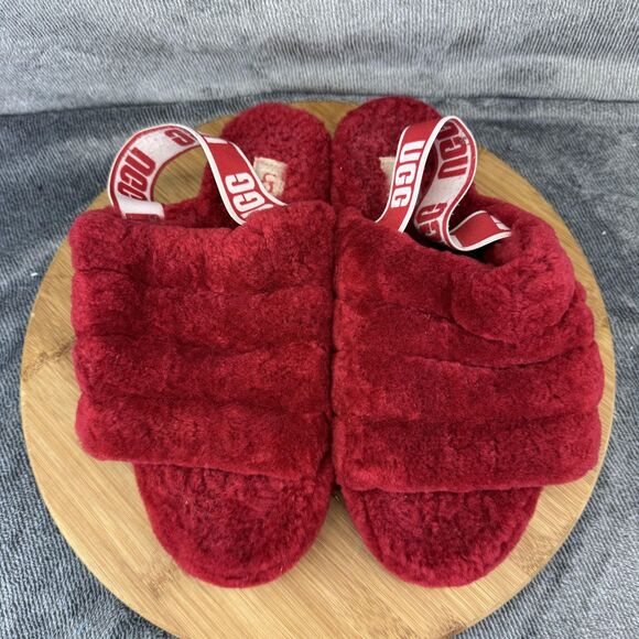 UGG Shoes Womens Size 8 Red Fluff Yeah Slide Shearling Slingback Slippers Plush - Picture 4 of 11